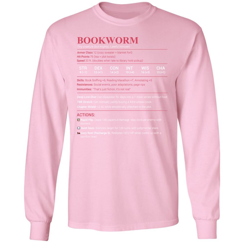 Bookworm Stats Long Sleeve T-Shirt - Light Pink - 3