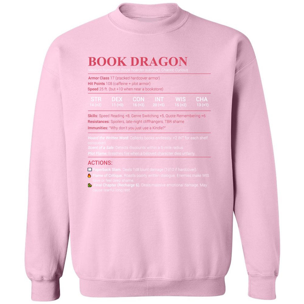 Book Dragon Stats Classic Unisex Sweatshirt - Light Pink - 3