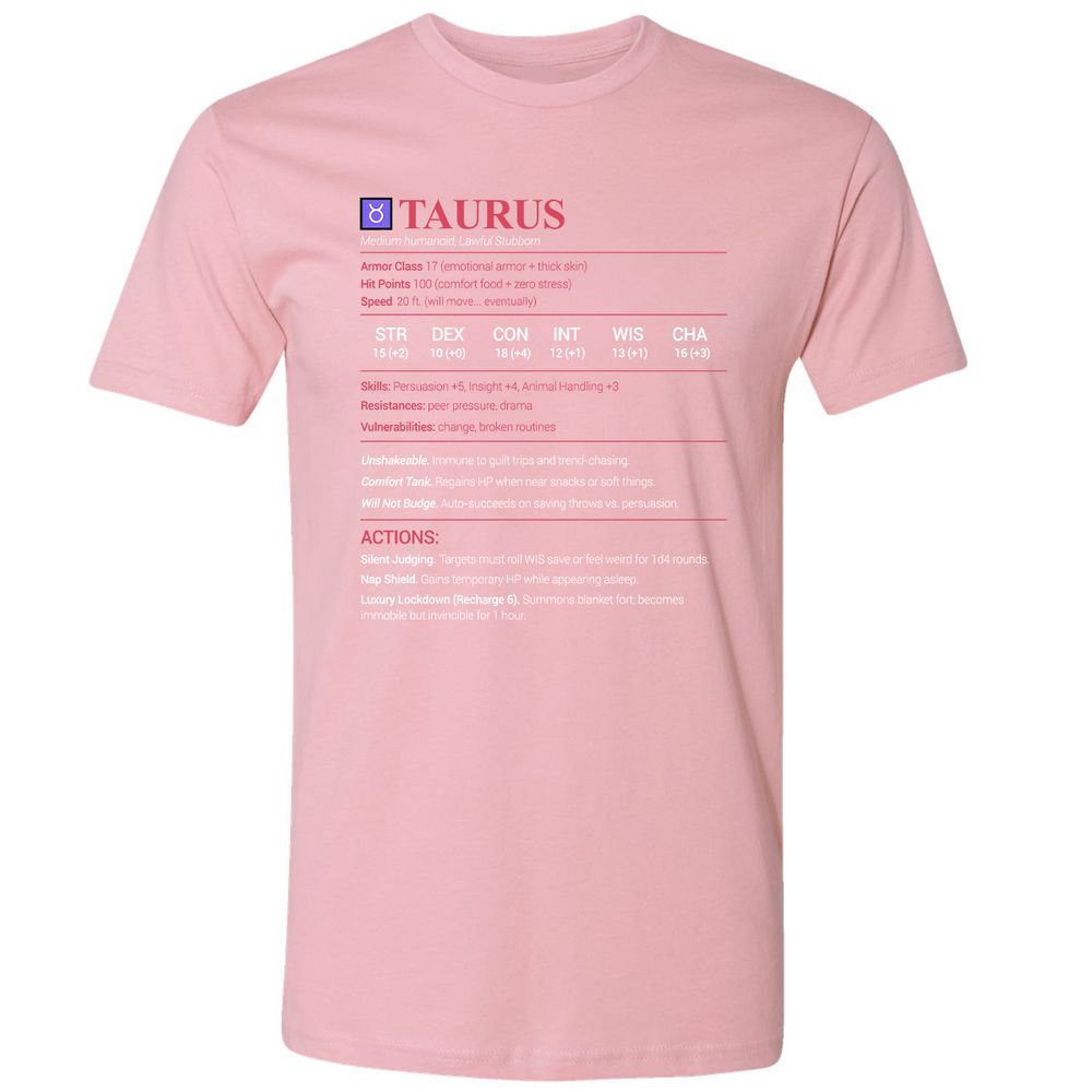 Taurus Stats Premium Unisex T-Shirt - Light Pink - 3
