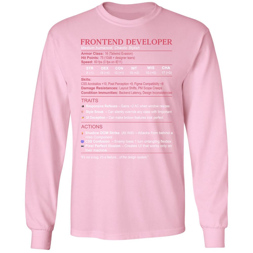 Frontend Developer Stats Long Sleeve T-Shirt - Light Pink - 3