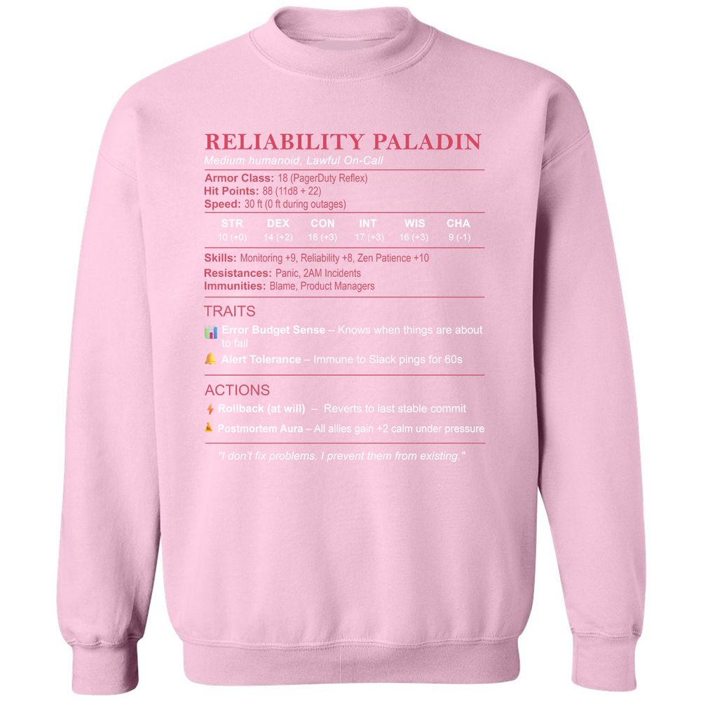 SRE Stats (Reliability Paladin) Classic Unisex Sweatshirt - Light Pink - 3