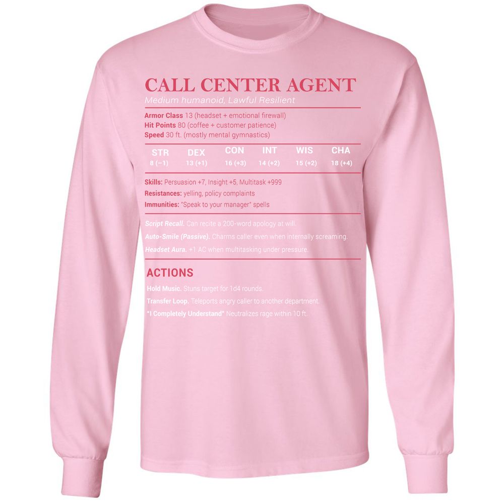 Call Center Agent Stats Long Sleeve T-Shirt - Light Pink - 3