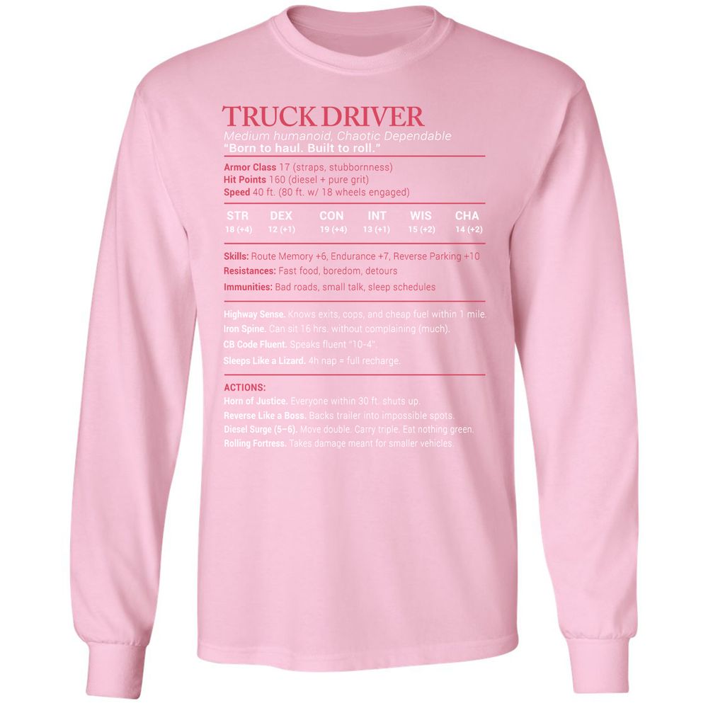 Truck Driver Stats Long Sleeve T-Shirt - Light Pink - 3