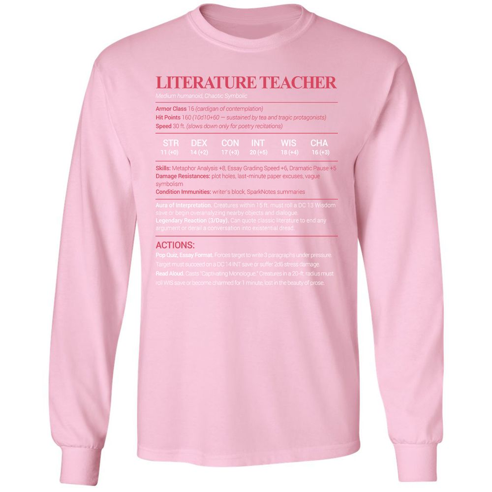 Literature Teacher Long Sleeve T-Shirt - Light Pink - 3
