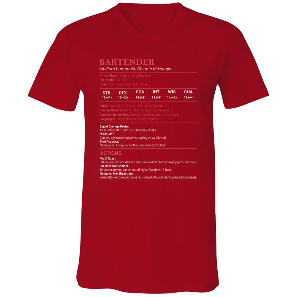 Bartender Stats Unisex V-Neck T-Shirt - Red - 3