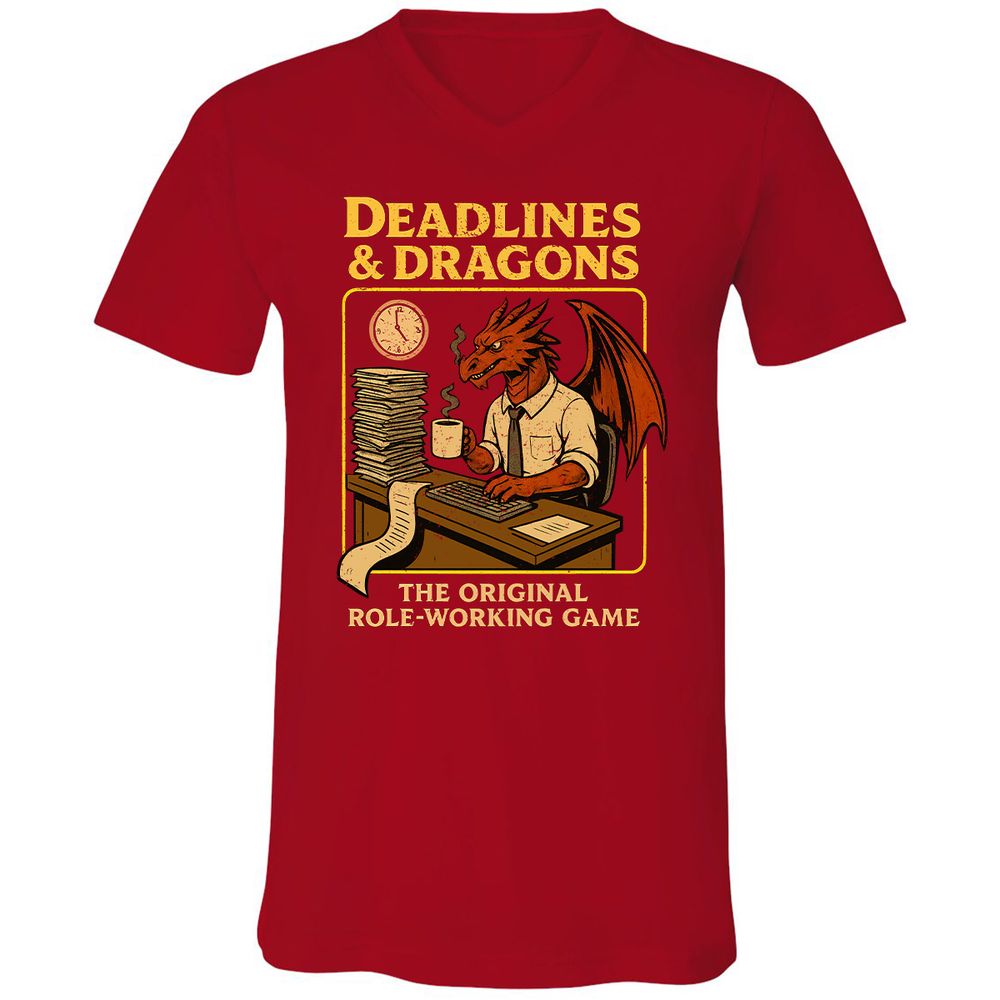Deadlines & Dragons (Office Staff) Unisex V-Neck T-Shirt - Red - 3