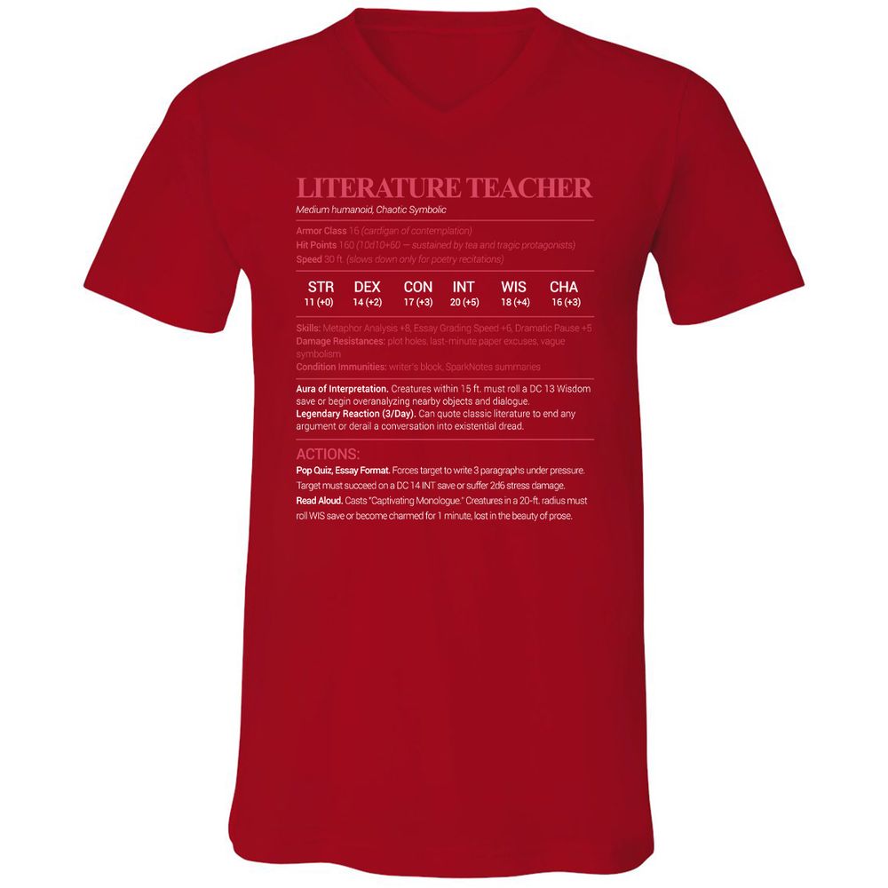 Literature Teacher Unisex V-Neck T-Shirt - Red - 3