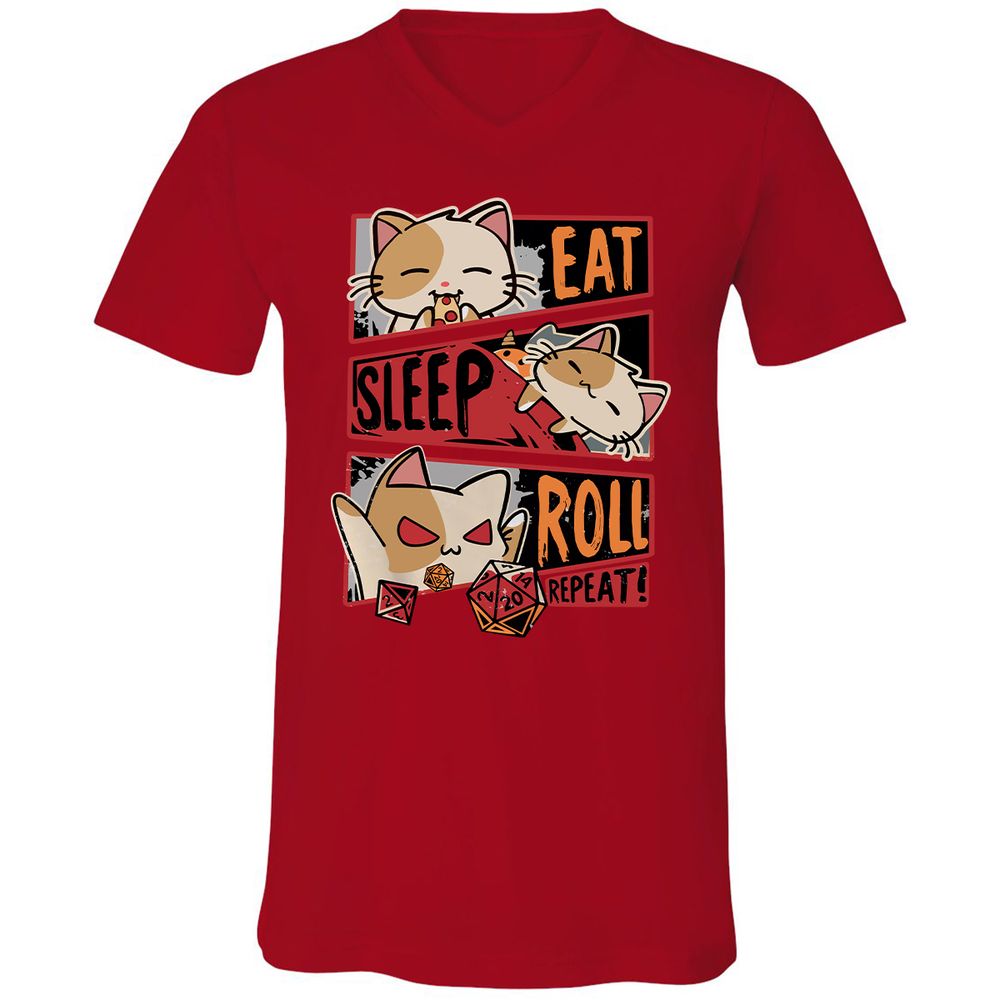 Eat Sleep Roll Repeat Unisex V-Neck T-Shirt - Red - 3