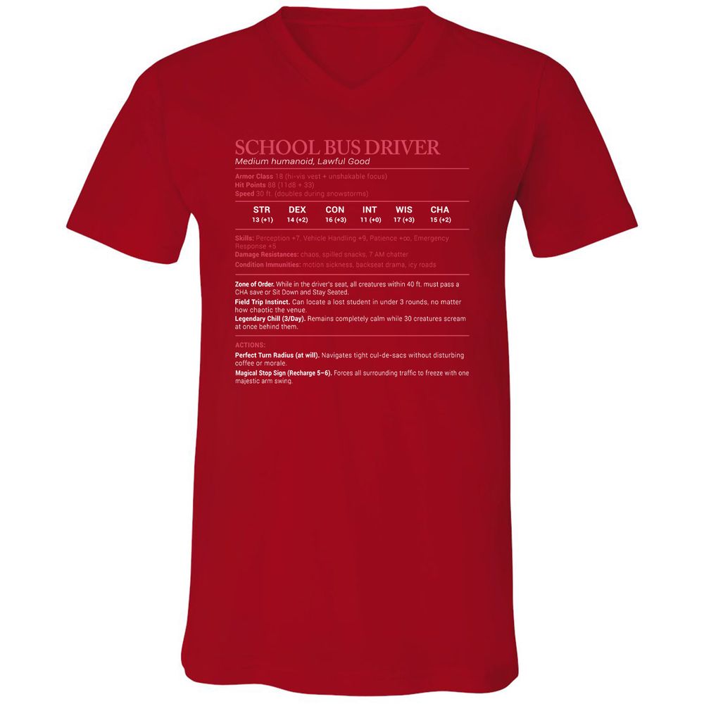 School Bus Driver Stats Unisex V-Neck T-Shirt - Red - 3