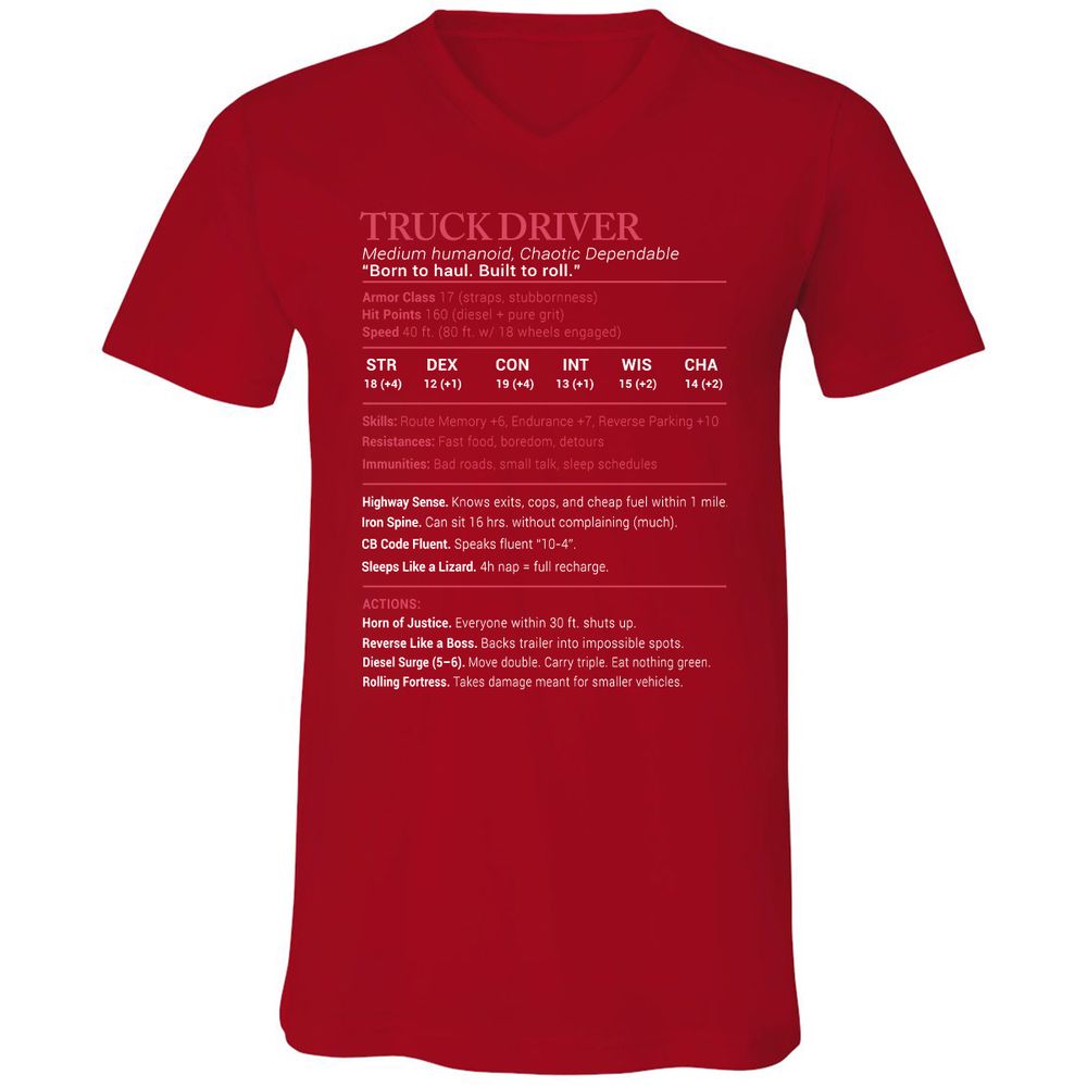 Truck Driver Stats Unisex V-Neck T-Shirt - Red - 3