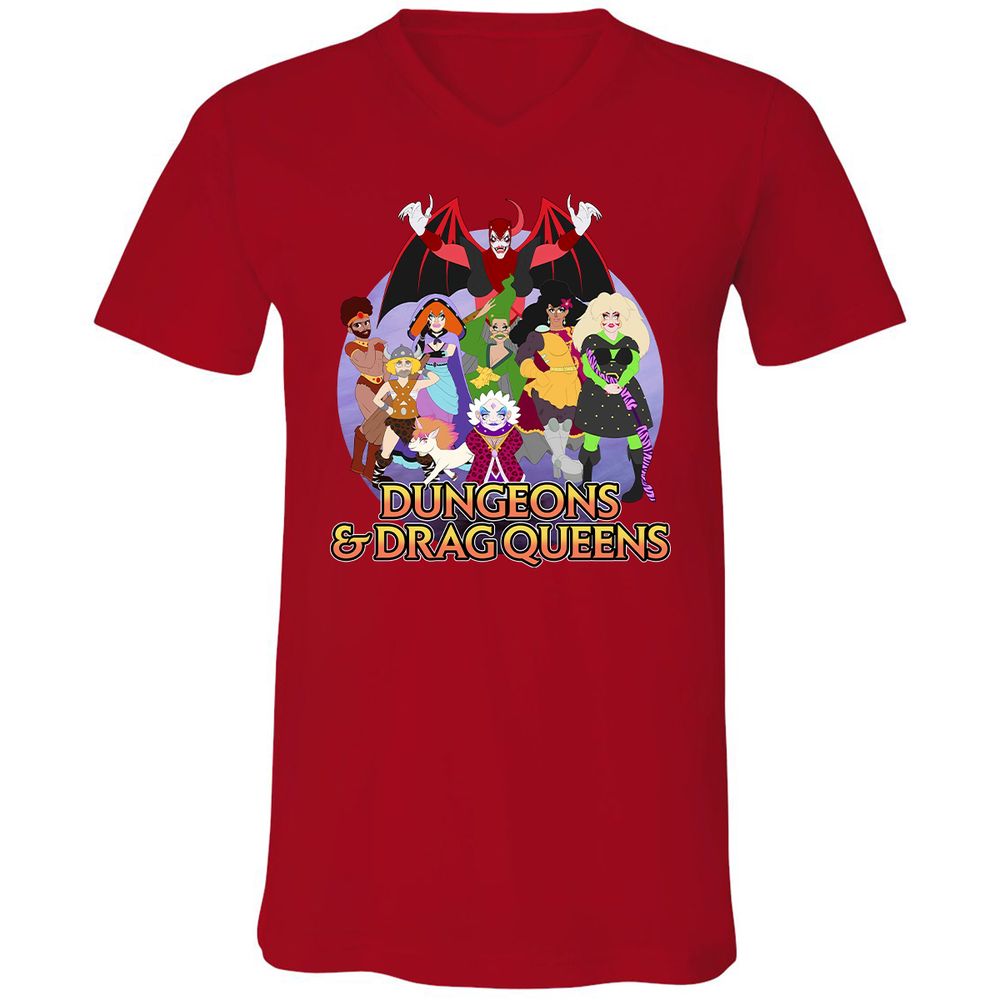 Dungeons n Drag Queens Cartoon Unisex V-Neck T-Shirt - Red - 3