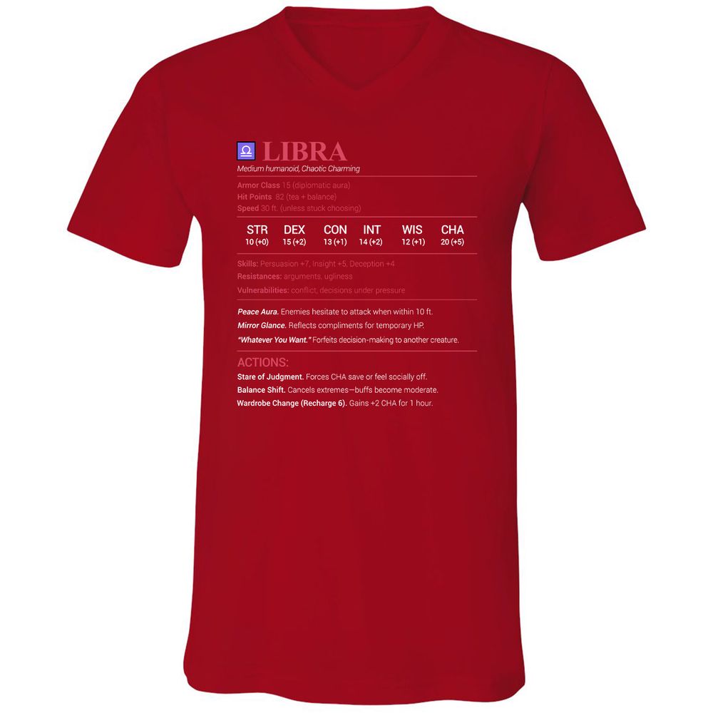Libra Stats Unisex V-Neck T-Shirt - Red - 3