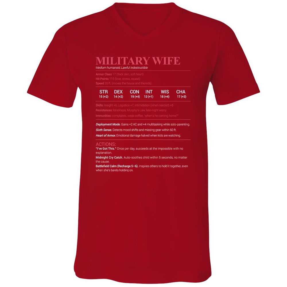 Military Wife Stats Unisex V-Neck T-Shirt - Red - 3