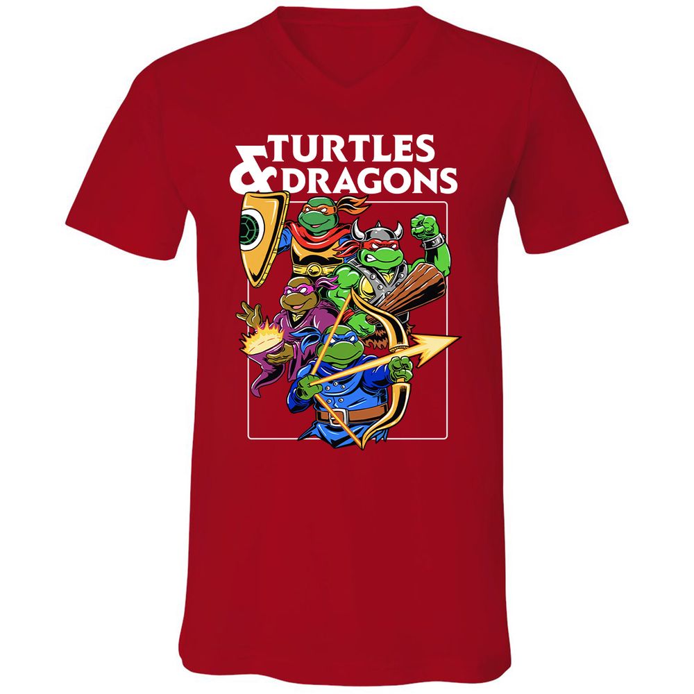 Turtles & Dragons Unisex V-Neck T-Shirt - Red - 3