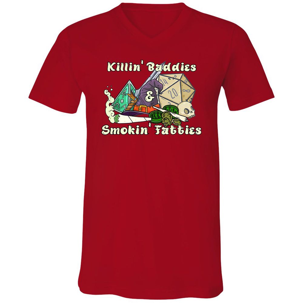 Killin' Baddies Smokin' Fatties Unisex V-Neck T-Shirt - Red - 3