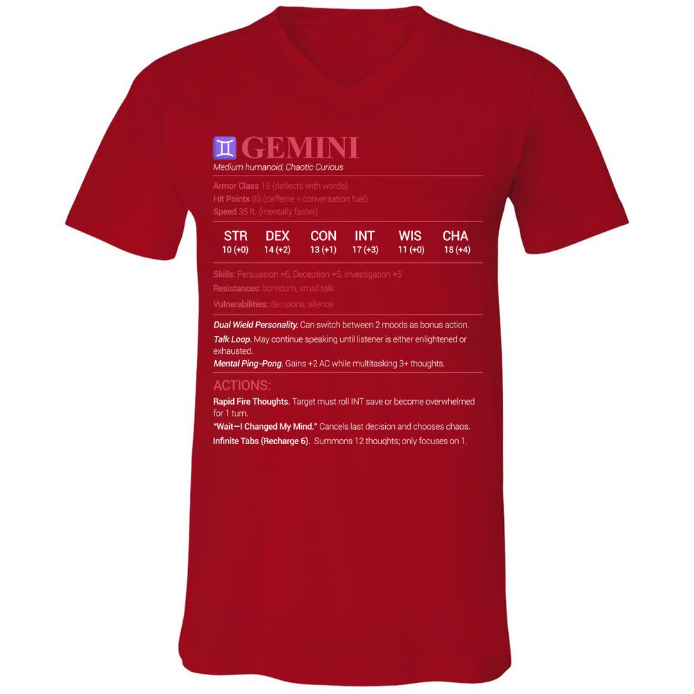 Gemini Stats Unisex V-Neck T-Shirt - Red - 3