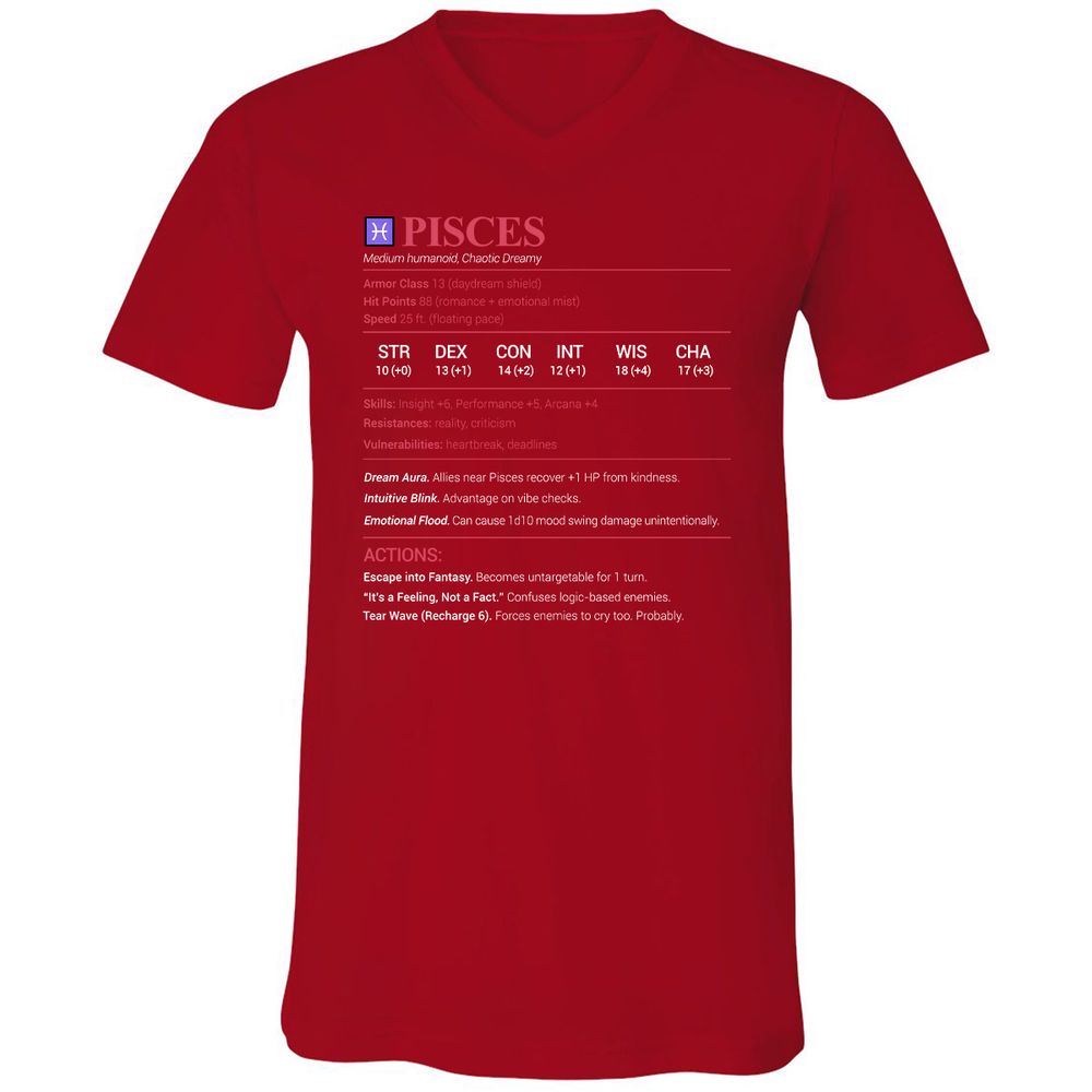 Pisces Stats Unisex V-Neck T-Shirt - Red - 3