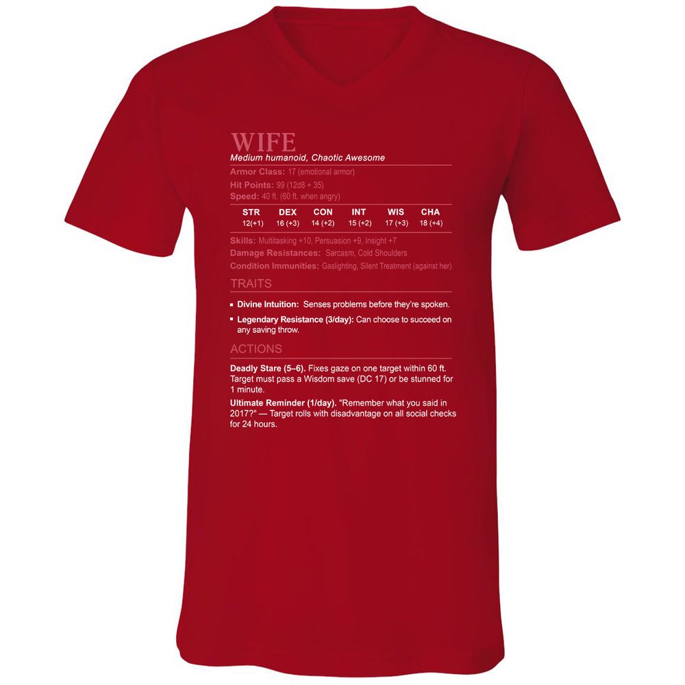 Wife Stats Unisex V-Neck T-Shirt - Red - 3