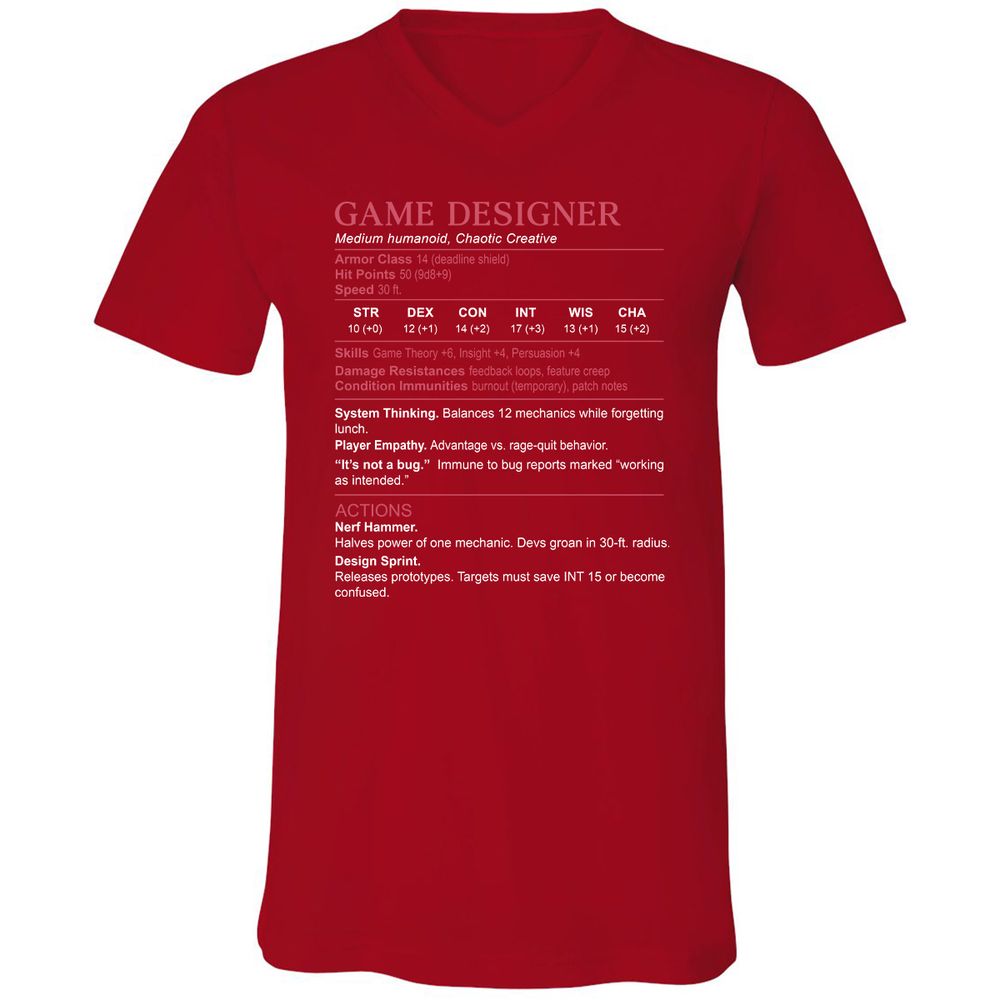 Game Designer Stats Unisex V-Neck T-Shirt - Red - 3