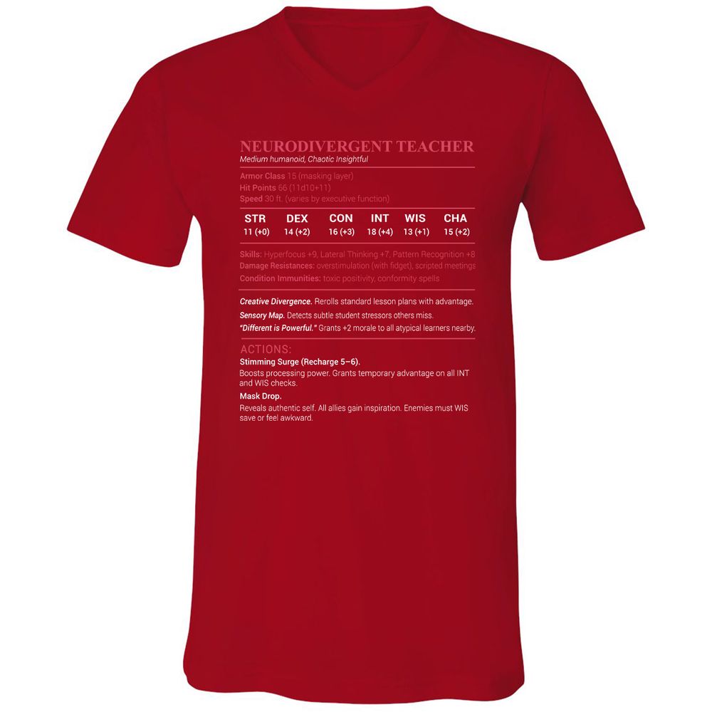 Neurodivergent Teacher Stats Unisex V-Neck T-Shirt - Red - 3