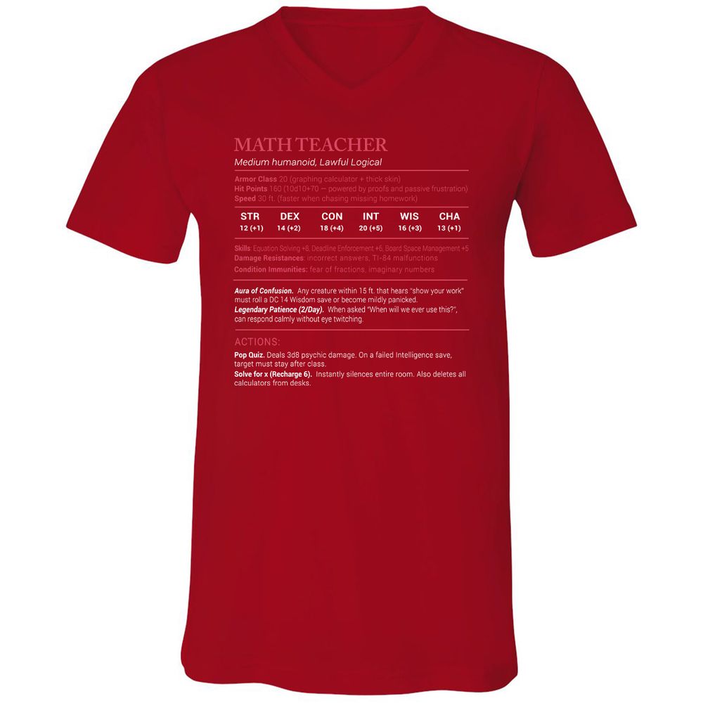 Math Teacher Stats Unisex V-Neck T-Shirt - Red - 3