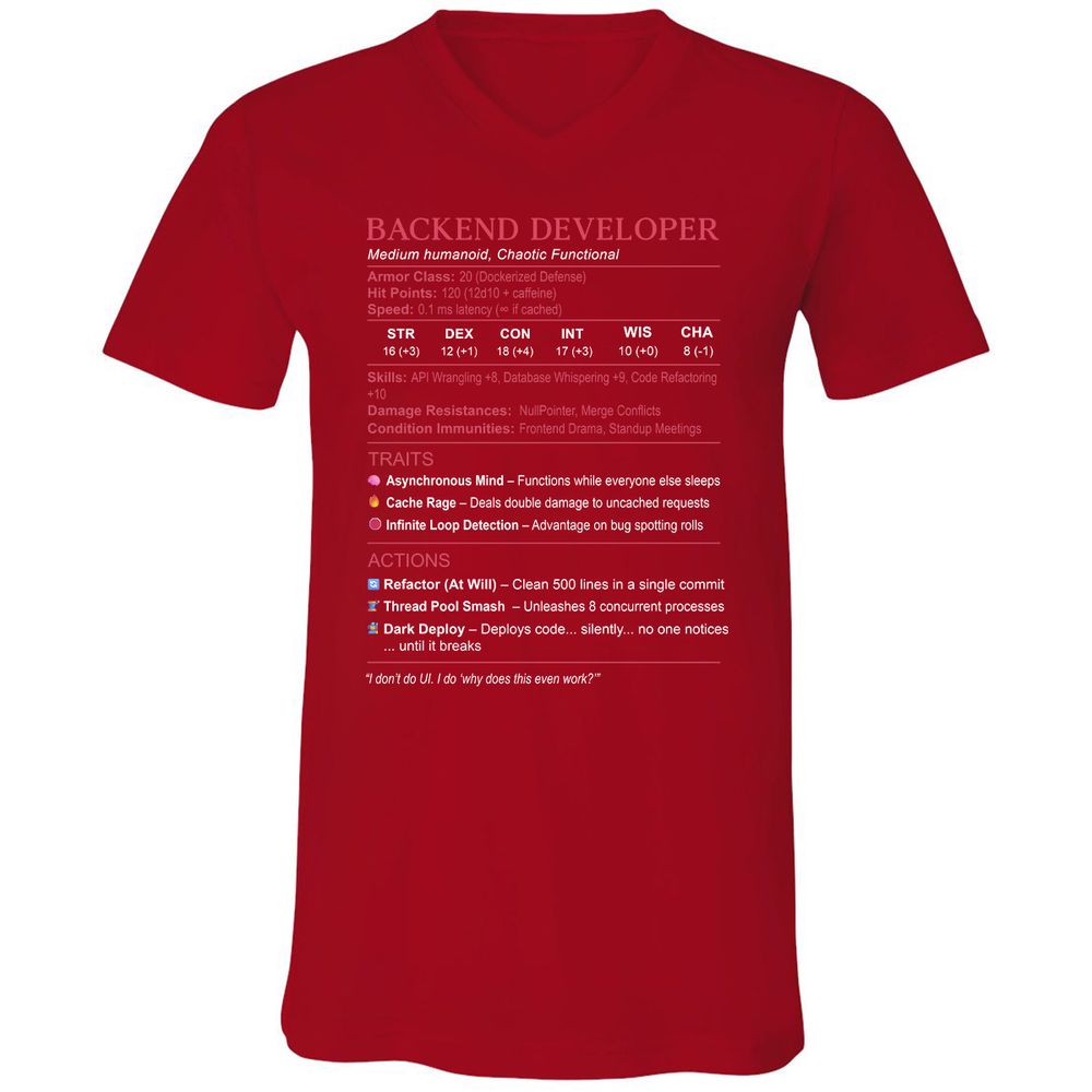 Backend Developer Stats Unisex V-Neck T-Shirt - Red - 3