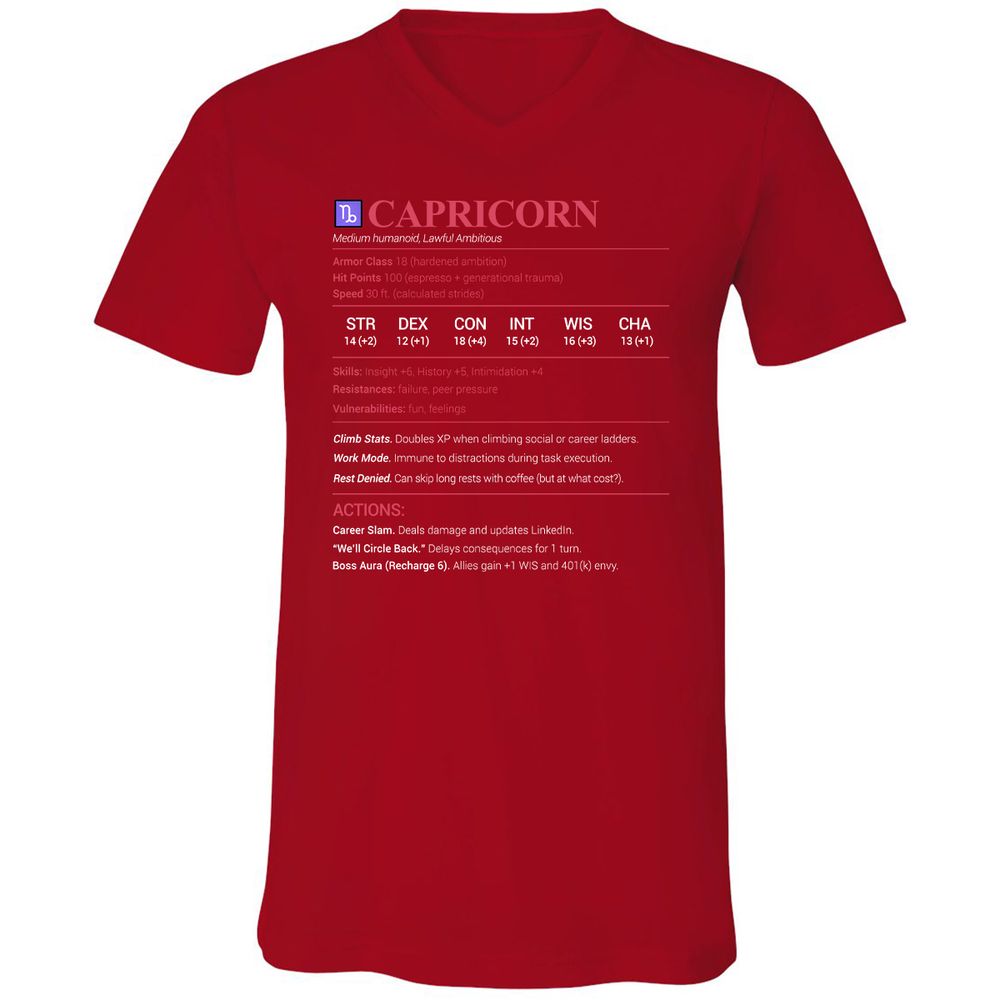 Capricorn Stats Unisex V-Neck T-Shirt - Red - 3