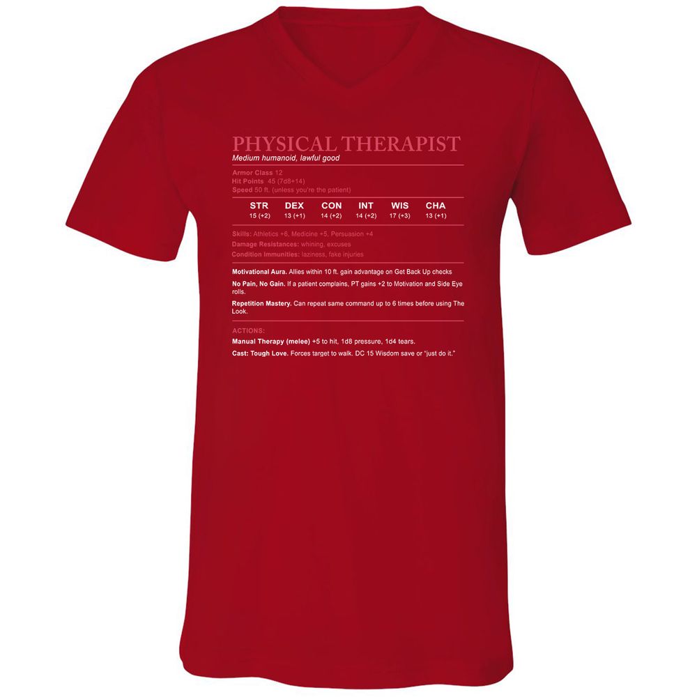 Physical Therapist Stats Unisex V-Neck T-Shirt - Red - 3