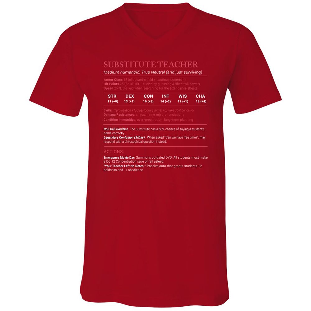 Substitute Teacher Stats Unisex V-Neck T-Shirt - Red - 3