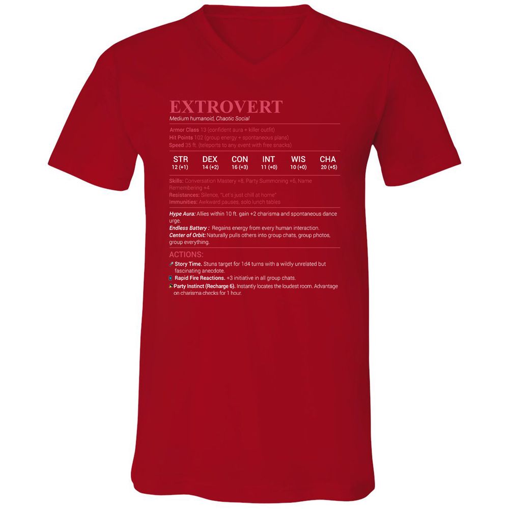 Extrovert Stats Unisex V-Neck T-Shirt - Red - 3
