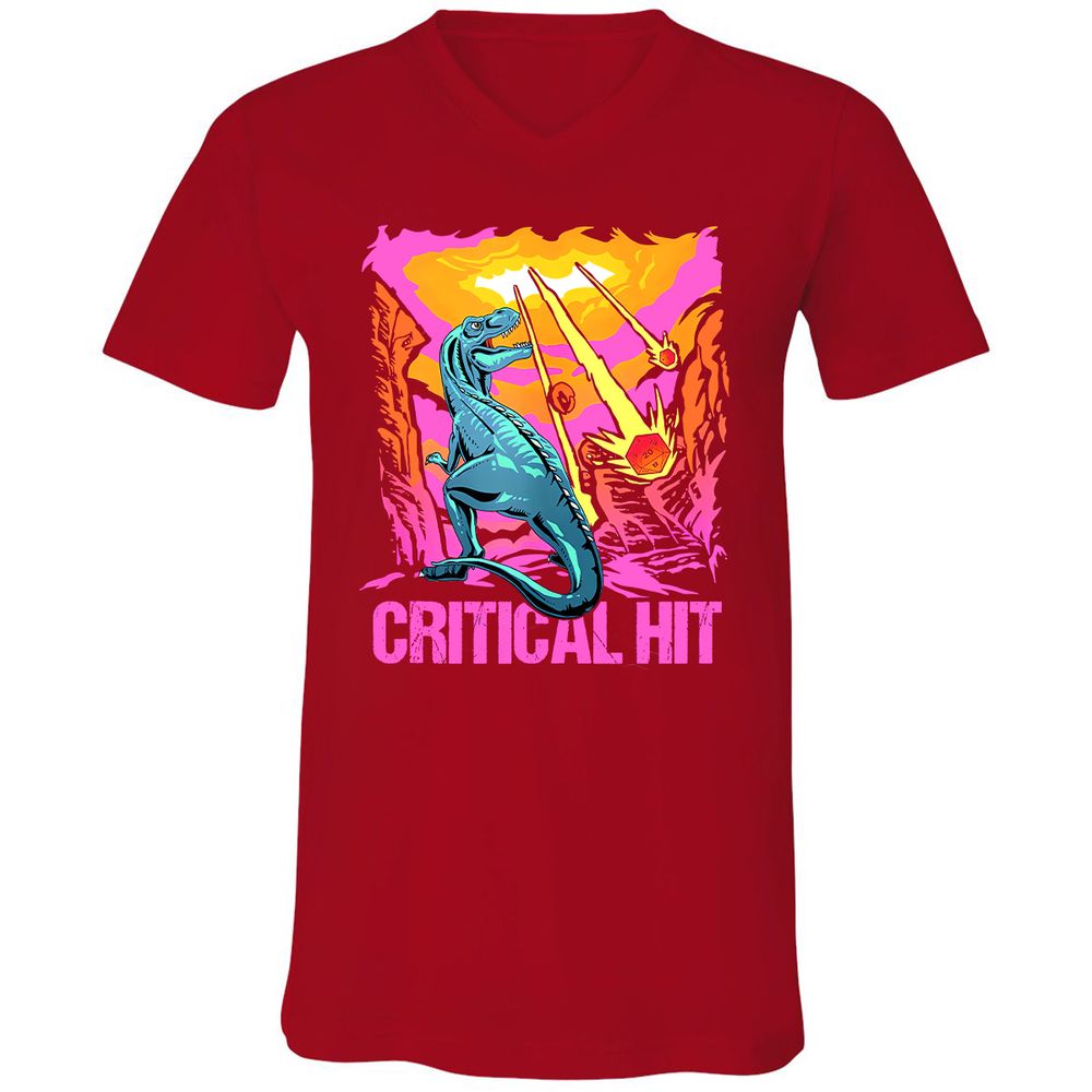 Dinosaur Critical Hit Unisex V-Neck T-Shirt - Red - 3