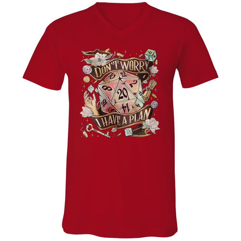 Floral Don't Worry I Have A Plan Unisex V-Neck T-Shirt - Red - 3
