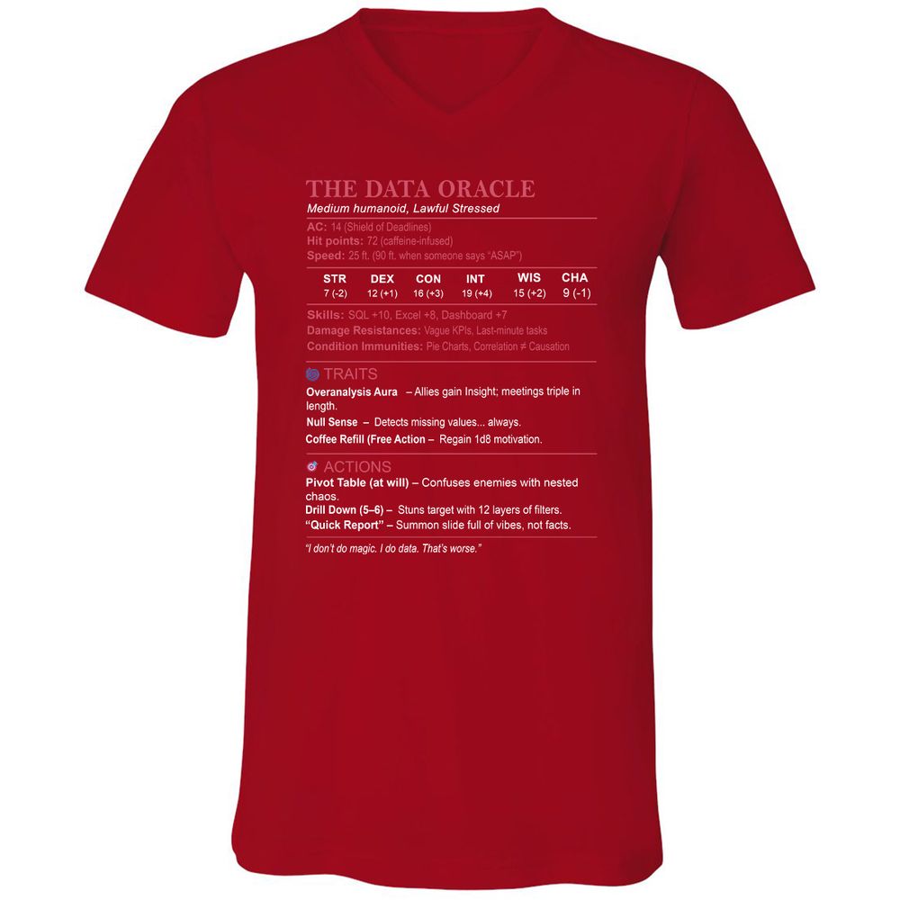 Data Analyst Stats (The Data Oracle) Unisex V-Neck T-Shirt - Red - 3