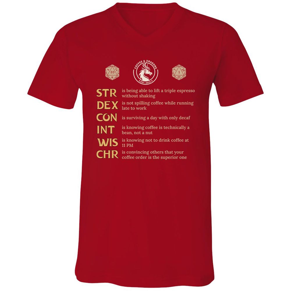 Coffee & Dragons RPG Stats Unisex V-Neck T-Shirt - Red - 3