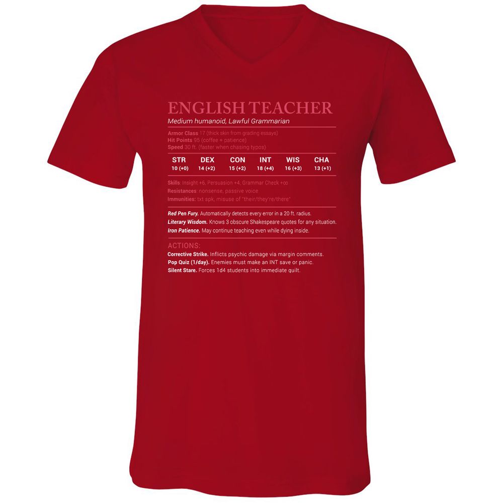 English Teacher Stats Unisex V-Neck T-Shirt - Red - 3