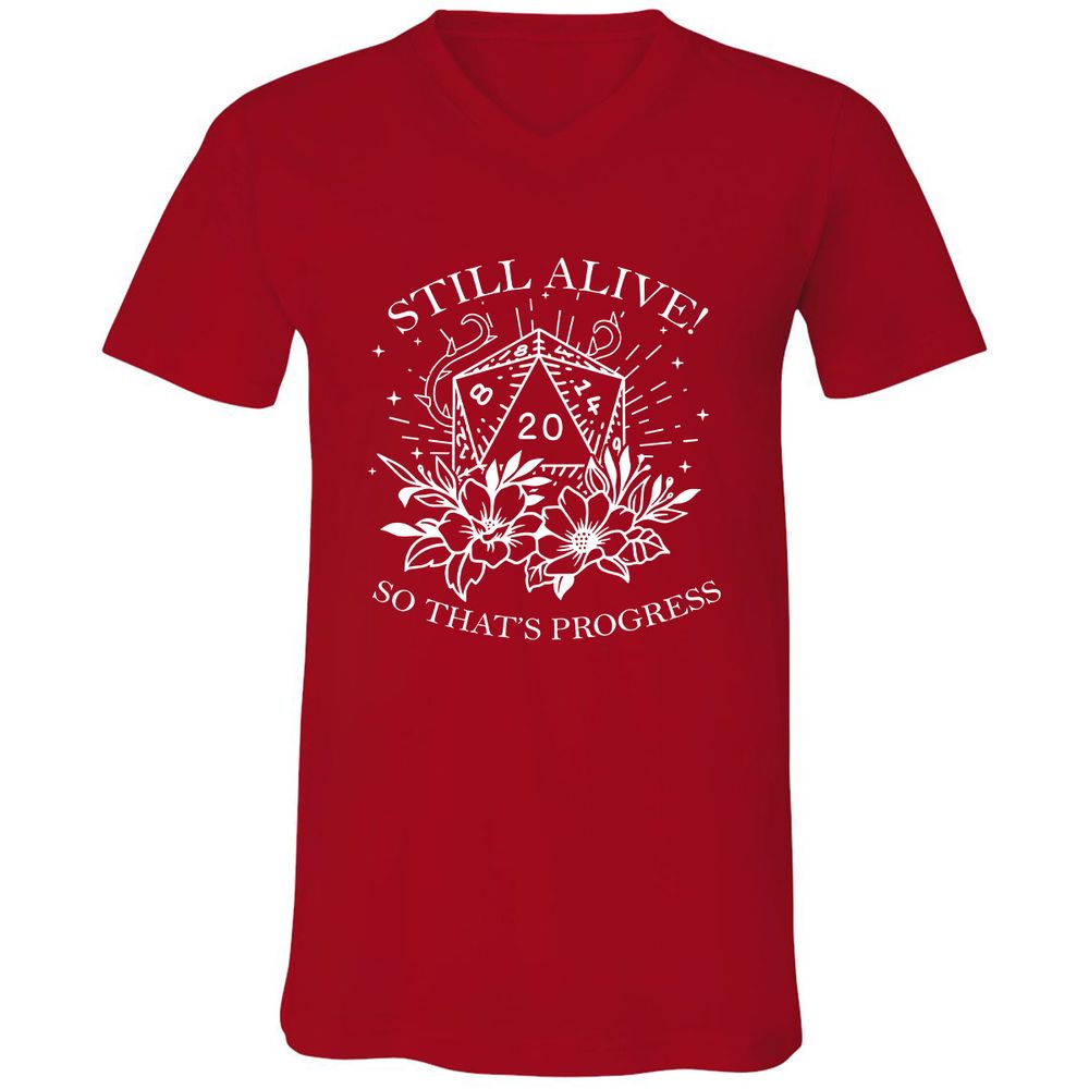 2710 Still Alive! So That’s Progress Unisex V-Neck T-Shirt - Red - 3
