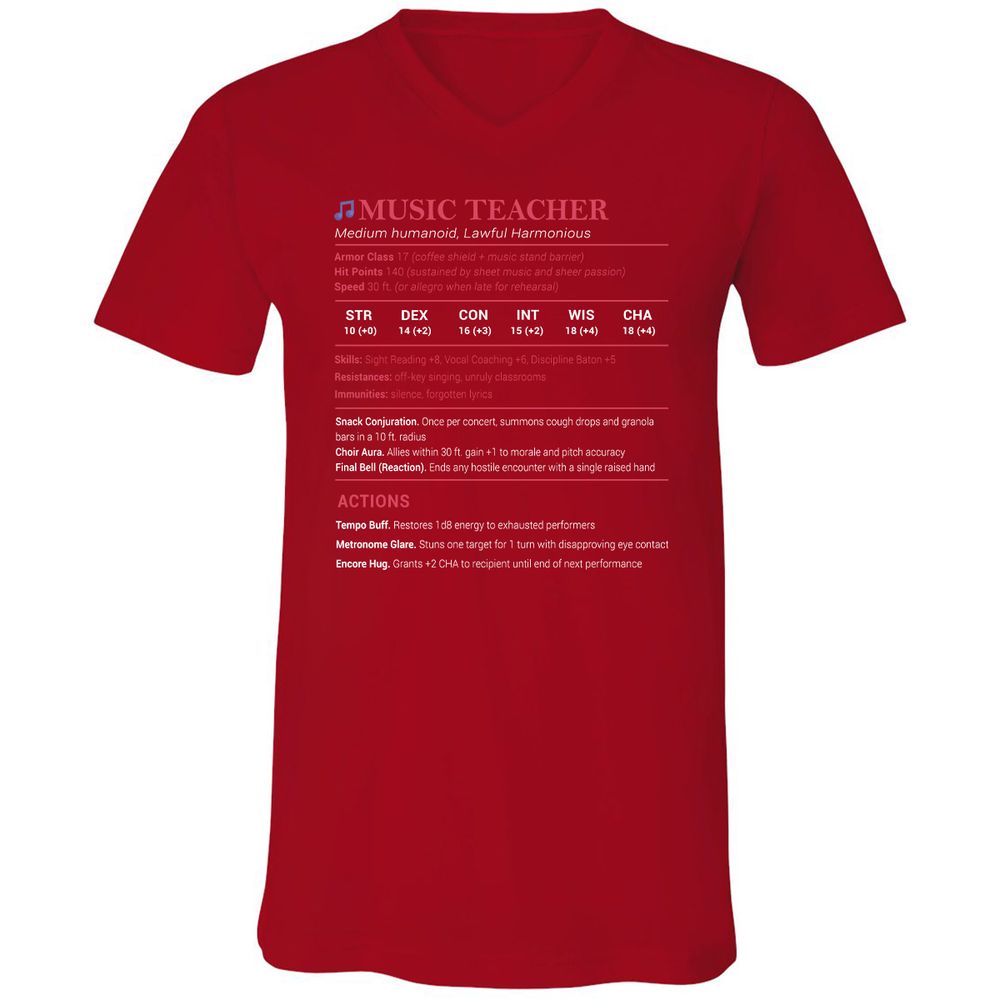 Music Teacher Unisex V-Neck T-Shirt - Red - 3