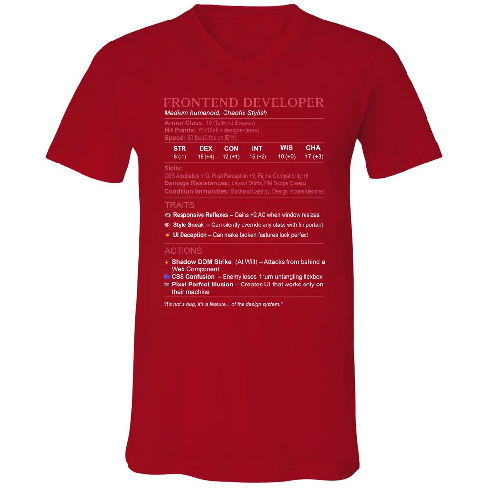 Frontend Developer Stats Unisex V-Neck T-Shirt - Red - 3