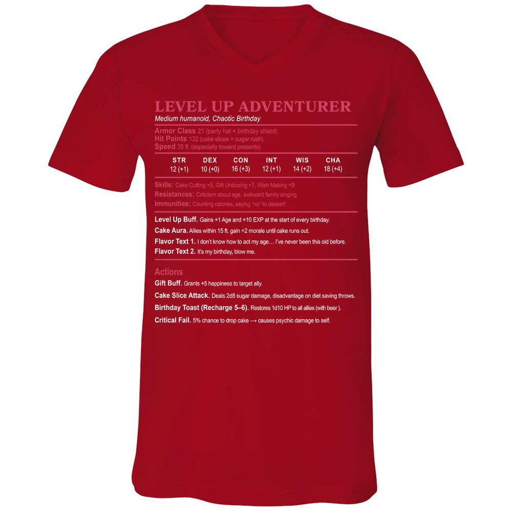 Level Up Adventurer Unisex V-Neck T-Shirt - Red - 3