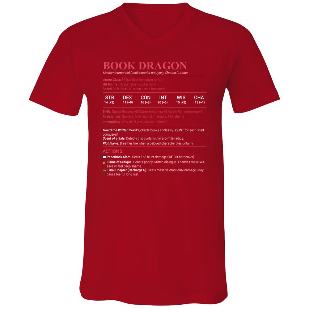 Book Dragon Stats Unisex V-Neck T-Shirt - Red - 3
