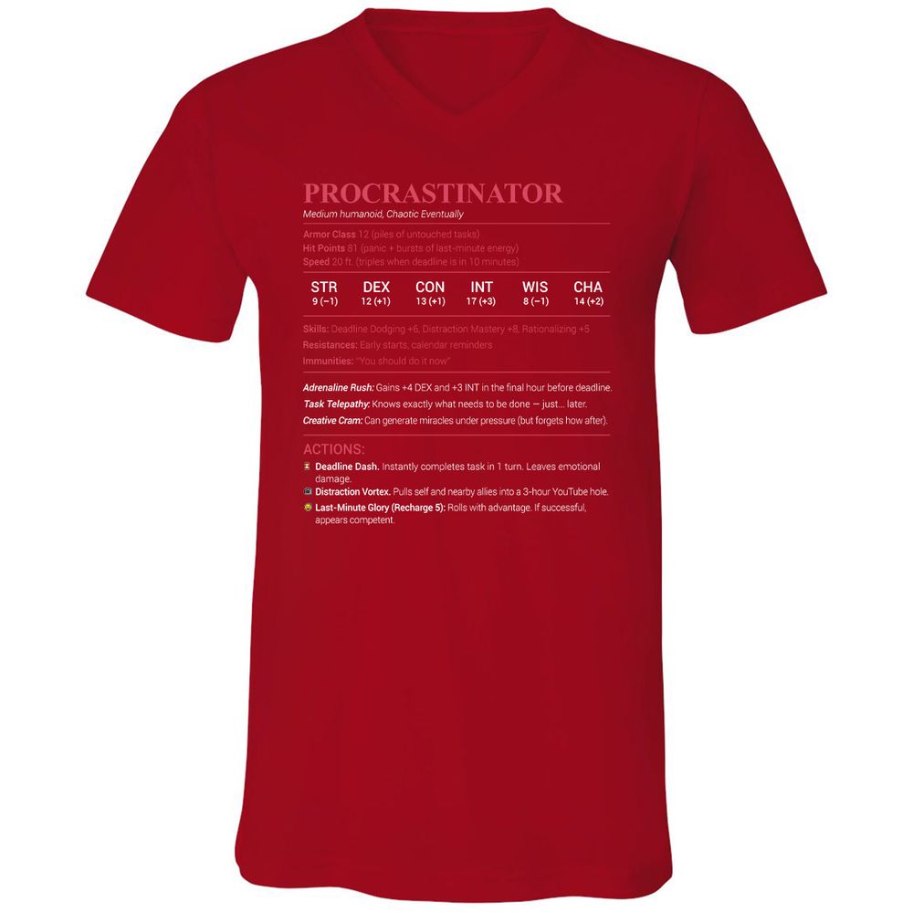 Procrastinator Stats Unisex V-Neck T-Shirt - Red - 3