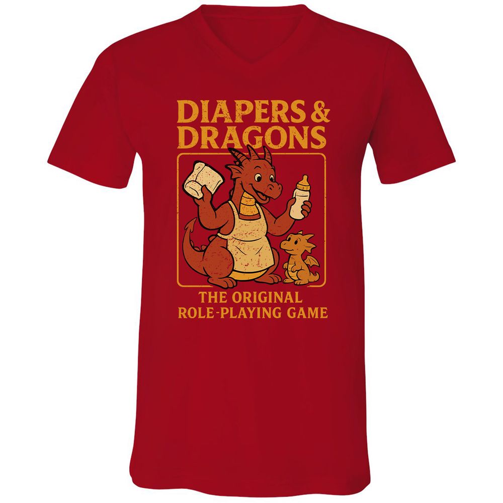 Diapers & Dragons Unisex V-Neck T-Shirt - Red - 3