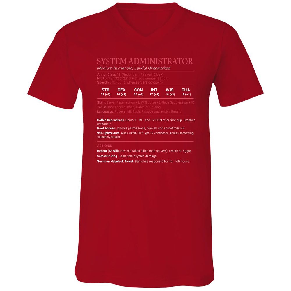 System Administrator Stats Unisex V-Neck T-Shirt - Red - 3