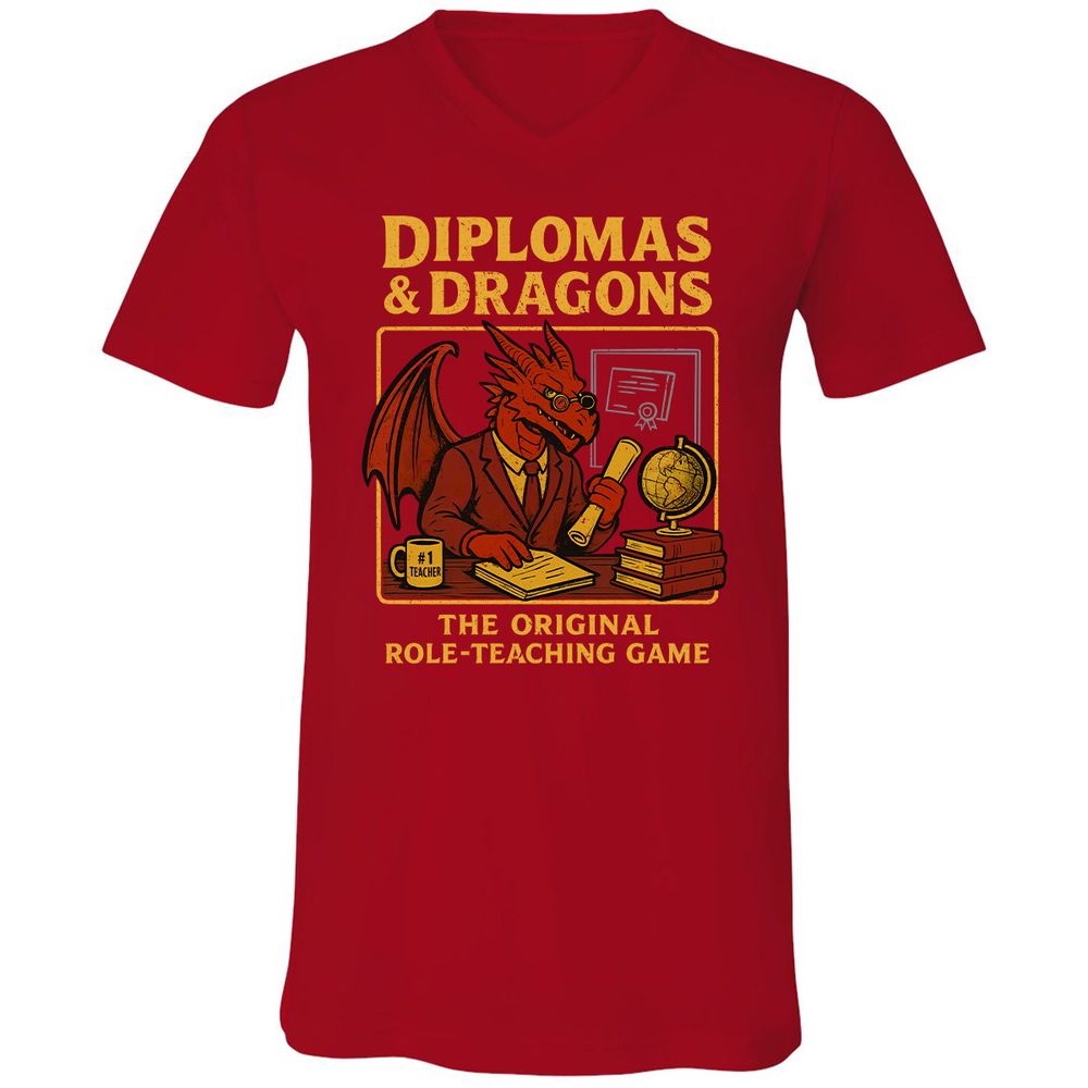 Diplomas & Dragons Unisex V-Neck T-Shirt - Red - 3