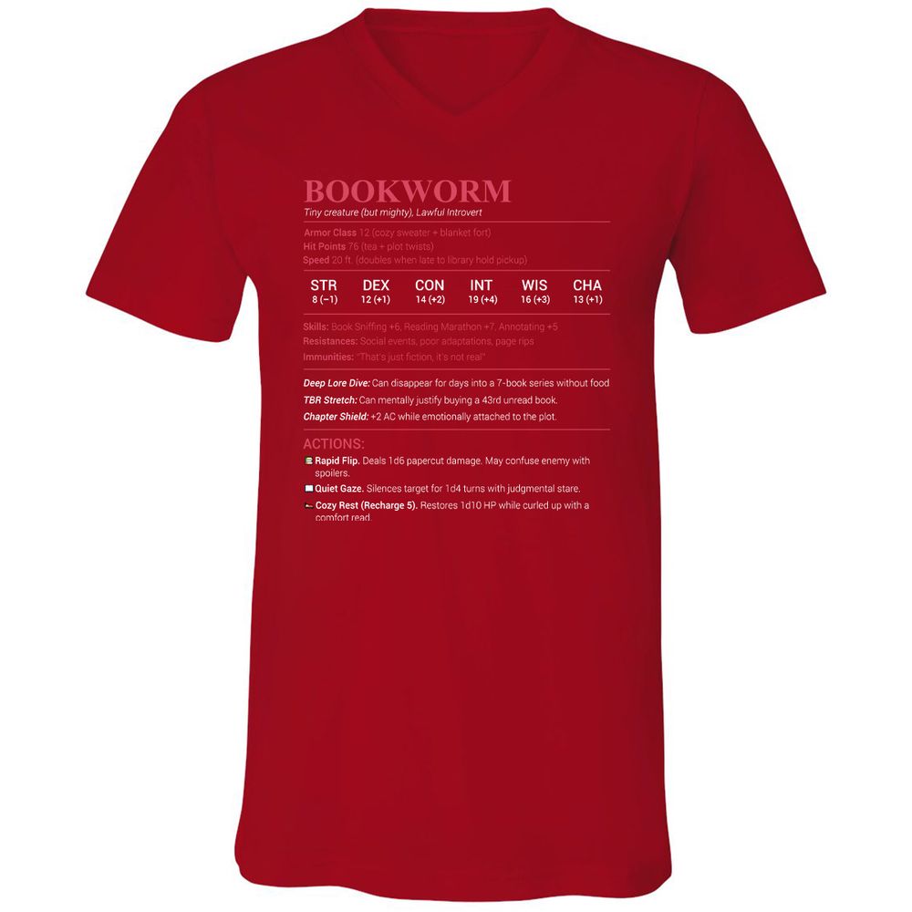 Bookworm Stats Unisex V-Neck T-Shirt - Red - 3