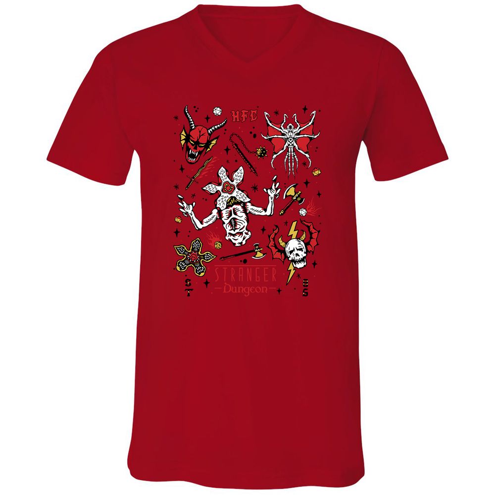 STRANGER DUNGEON Unisex V-Neck T-Shirt - Red - 3