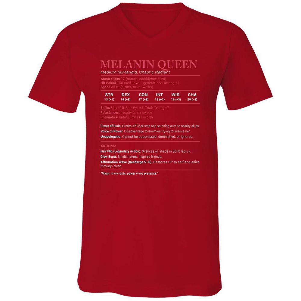 Melanin Queen Stats Unisex V-Neck T-Shirt - Red - 3