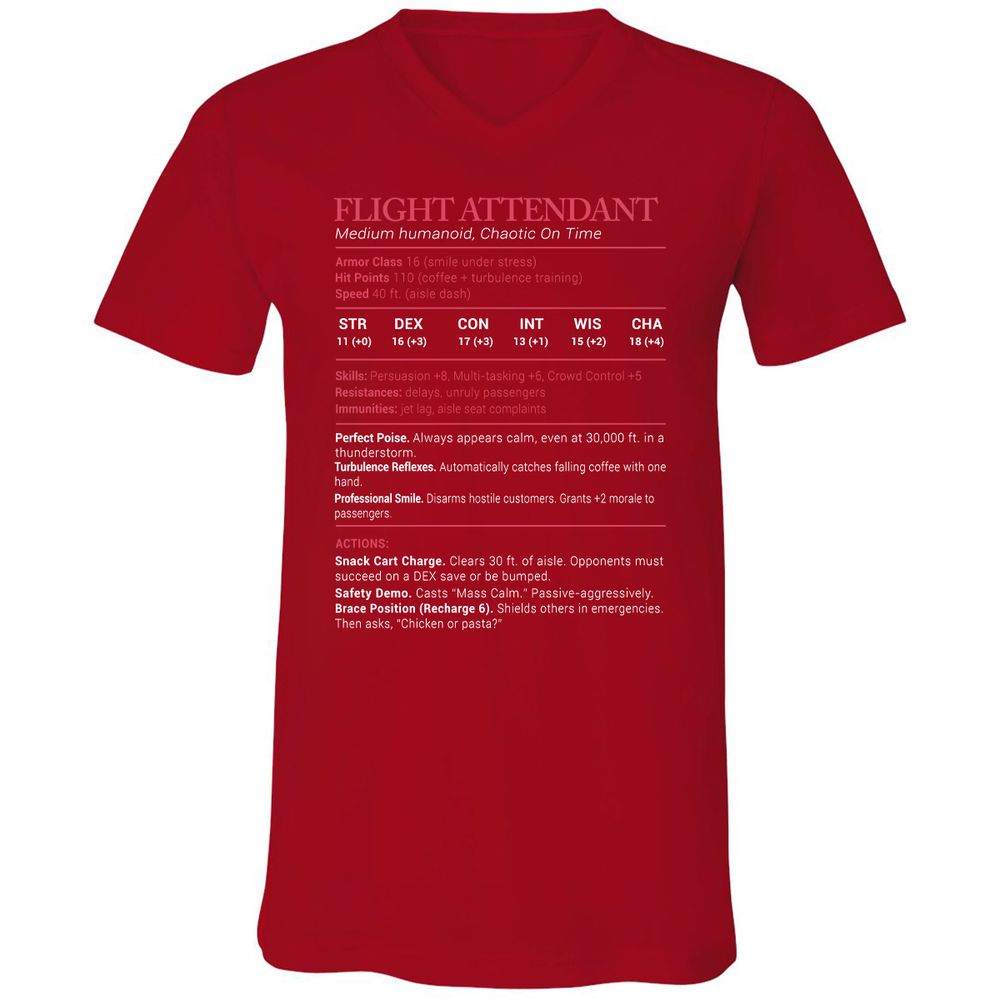 Flight Attendant Stats Unisex V-Neck T-Shirt - Red - 3