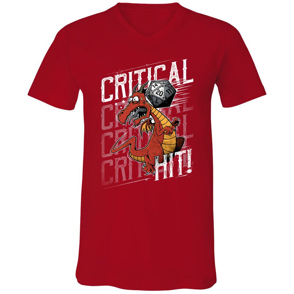 Funny Dragon Critical Hit Unisex V-Neck T-Shirt - Red - 3