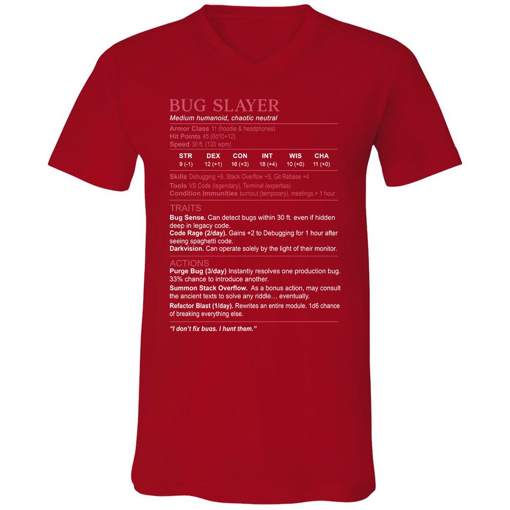 Software Engineer Stats (Bug Slayer) Unisex V-Neck T-Shirt - Red - 3